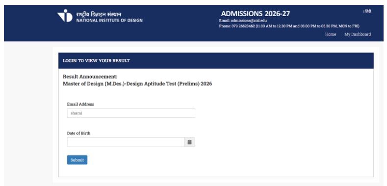 NID M.Des Result Link Window